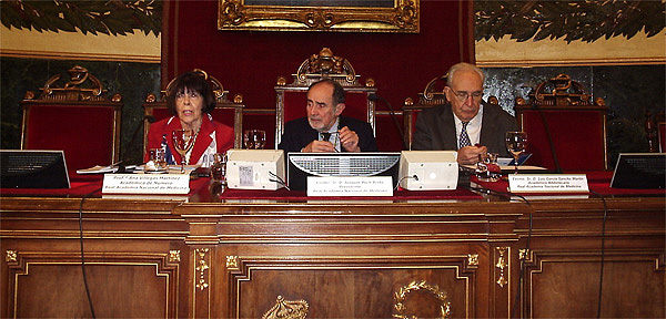 (de izq. a dcha) los profesores Ana Villegas, coordinadora de la Sesión; Joaquín Poch, presidente de la RANM, y Luis García-Sancho, bibliotecario de la RANM Fuente: RANM
