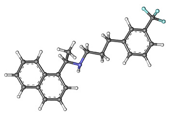 Estructura de cinacalcet (Ball-and-stick model of сinacalcet molecule. The structure is taken from ChemSpider. ID 137743) Autor/a de la imagen: MarinaVladivostok Fuente: Wikipedia