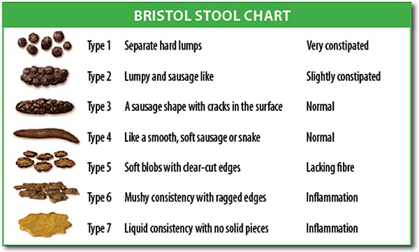 Escala de heces de Bristol (Fuente: Wikipedia) 1. Trozos duros separados, como nueces, que pasan con dificultad. 2. Como una salchicha compuesta de fragmentos. 3. Con forma de morcilla con grietas en la superficie. 4. Como una salchicha; o serpiente, lisa y blanda. 5. Trozos de masa pastosa con bordes definidos, que son defecados fácilmente. 6. Fragmentos blandos y esponjosos con bordes irregulares y consistencia pastosa. 7. Acuosa, sin pedazos sólidos, totalmente líquida. Los tipos 1 y 2 indican estreñimiento; los 3 y 4 son heces ideales, especialmente el 4, ya que son los más fáciles de defecar; los tipos 5, 6 y 7 son heces diarreicas. Autor/a de la imagen: Cabot Health, Bristol Stool Chart - http://cdn.intechopen.com/pdfs-wm/46082.pdf Fuente: Wikipedia