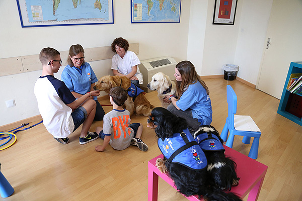 Escena de terapia asistida con perros para afectados de síndrome alcohólico fetal   Fuente: Hospital Vall d’Hebron