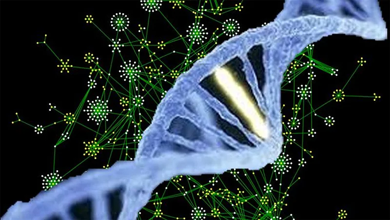 (portada) Hélice de DNA sobre una nube de interactomas DNA interactome