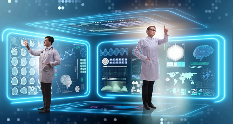 (portada) inteligencia artificial IA neurología cerebro cerebral telemedicina doctor y doctora pantalla táctil